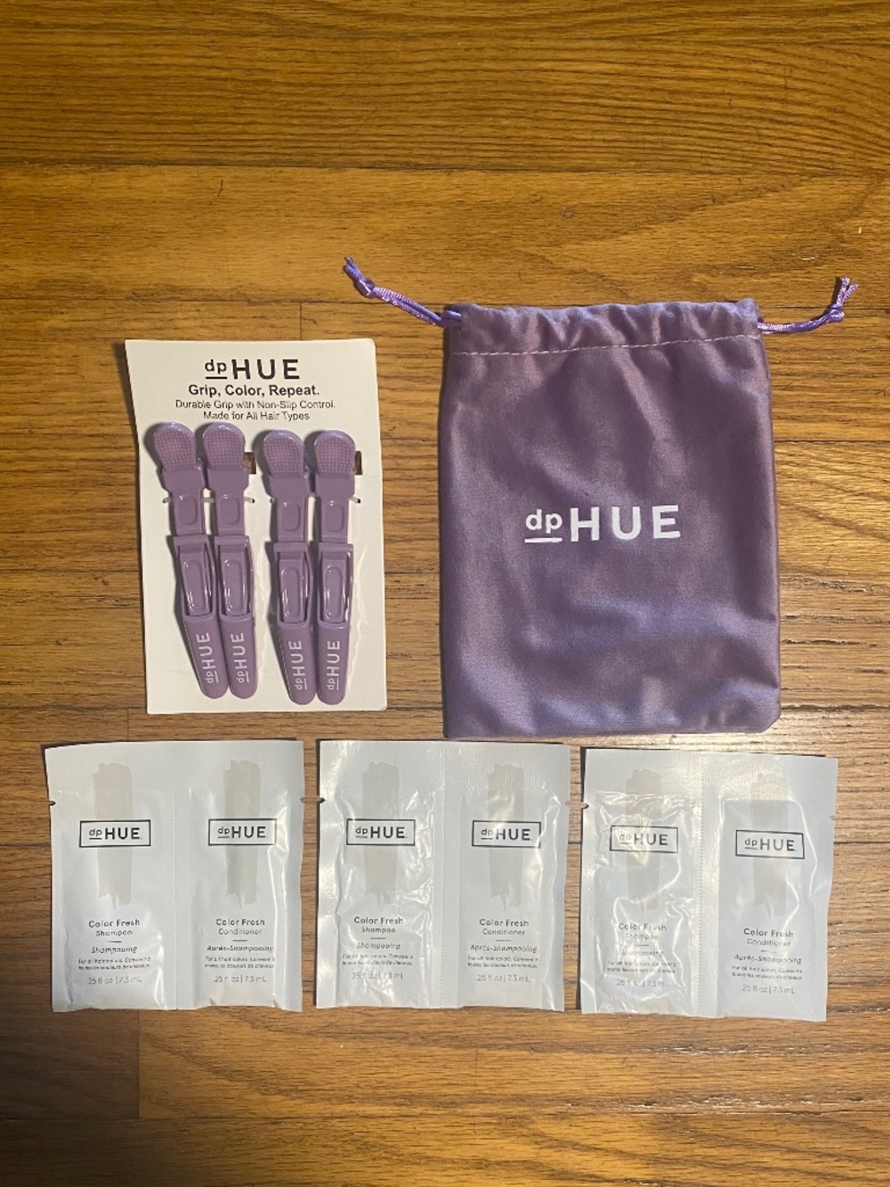 dpHUE Hair Clips & Shampoo/Conditioner Packets